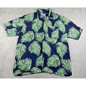 RS‎ Surf Men's Classic Fit Button-Up Short Sleeve Palm Frond Print Shirt Blue XL